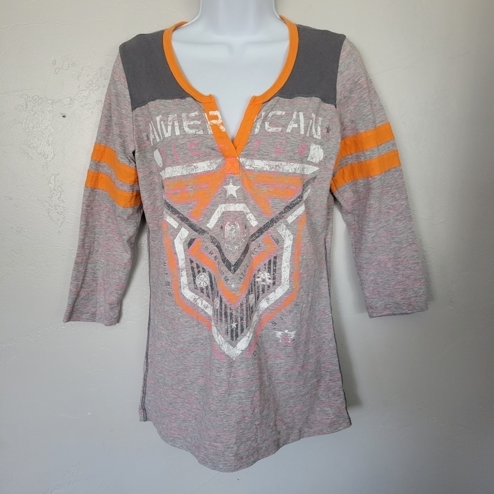 American Fighter Women's Medium Graphic Tee Grey Quarter Sleeve Orange Pink Top